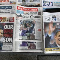 Kenya newspapers are displayed in the streets of Nairobi with the headline on June 5, 2008 of US Democratic presidential candidate Senator Barack Obama,after his nomination victory that places him a heartbeat away from White House  . AFP PHOTO/SIMON MAINA (Photo credit should read SIMON MAINA/AFP via Getty Images)